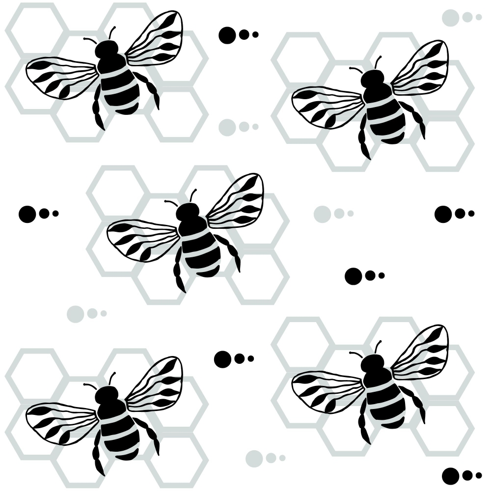 black and white, bees, honeycomb, hexagonal pattern, hand-drawn style, monochrome, geometric shapes, nature inspired,, fabric panel, minimalist design, insect motif, repeating pattern, craft fabric, sewing material, botanical theme, modern illustration, striped bees, wings detailed