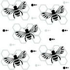 black and white, bees, honeycomb, hexagonal pattern, hand-drawn style, monochrome, geometric shapes, nature inspired,, fabric panel, minimalist design, insect motif, repeating pattern, craft fabric, sewing material, botanical theme, modern illustration, striped bees, wings detailed