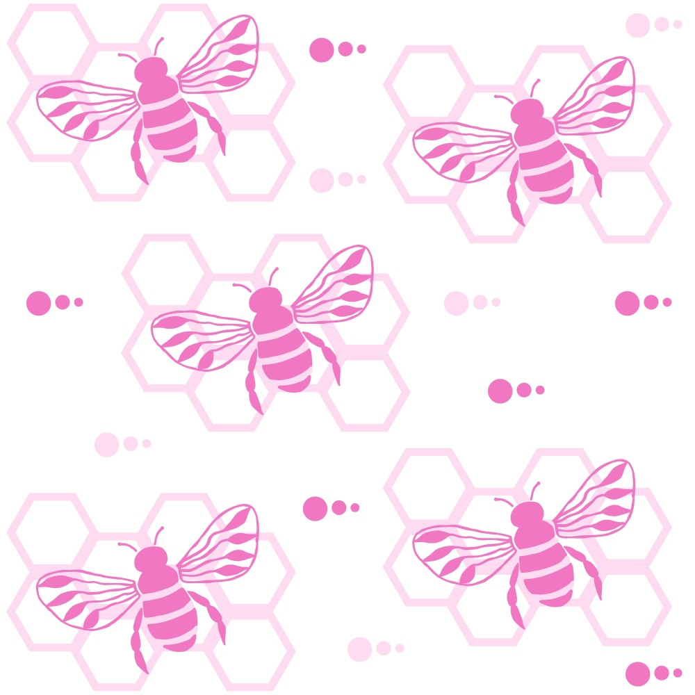 pink, magenta, white, bees, honeycomb, hexagons, insects, nature, handdrawn, organic, whimsical, geometric shapes, repeating pattern,, fabric panel, spring, garden, pollinator, wings, striped bodies