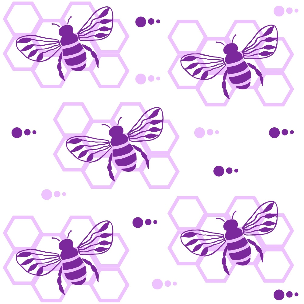 purple bees, lavender hexagons, honeycomb pattern, bee illustration, hand drawn style,, fabric panel, geometric honeycomb, striped bees, wings design, nature motif, insect pattern, violet tones, hexagonal shapes, buzzing bees, pollinator theme, purple gradient, bee wings, honeybee design, repeating pattern