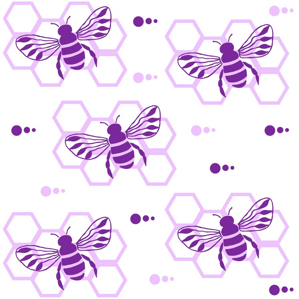 purple bees, lavender hexagons, honeycomb pattern, bee illustration, hand drawn style,, fabric panel, geometric honeycomb, striped bees, wings design, nature motif, insect pattern, violet tones, hexagonal shapes, buzzing bees, pollinator theme, purple gradient, bee wings, honeybee design, repeating pattern