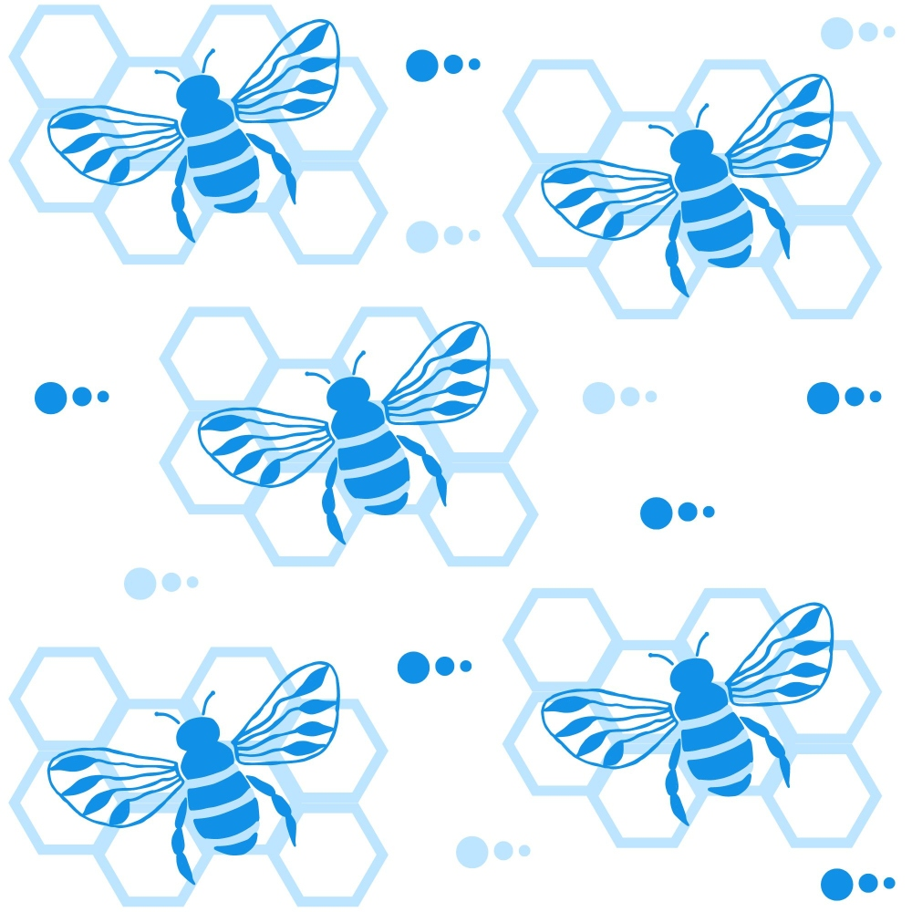 blue bees, honeycomb pattern, geometric hexagons, hand drawn style,, fabric panel, insect motif, striped bees, wing details, repeating pattern, light blue, white background, nature theme, bee illustration, hexagonal shapes, stylized artwork, cotton fabric, craft material, sewing panel