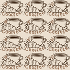 brown, beige, cream, coffee cup, croissant, hand drawn, sketched style, repeating pattern, breakfast theme, cafe motif,, fabric panel, coffee beans, heart accents, food illustration, monochromatic, morning theme, bakery design, beverage pattern, doodle style