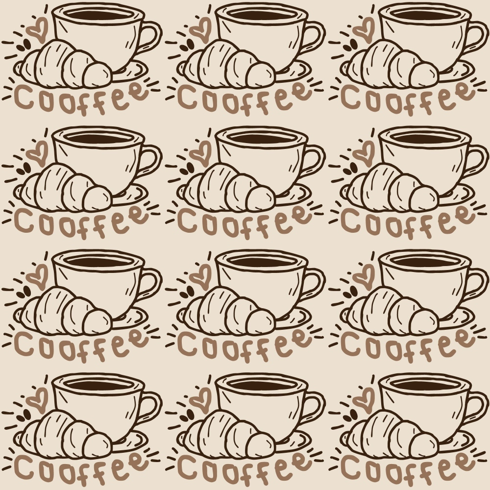 brown, beige, cream, coffee cup, croissant, hand drawn, sketched style, repeating pattern, breakfast theme, cafe motif,, fabric panel, coffee beans, heart accents, food illustration, monochromatic, morning theme, bakery design, beverage pattern, doodle style