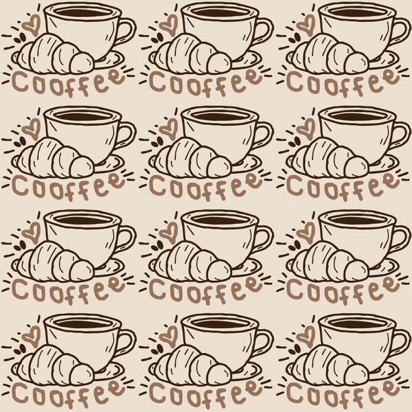 brown, beige, cream, coffee cup, croissant, hand drawn, sketched style, repeating pattern, breakfast theme, cafe motif,, fabric panel, coffee beans, heart accents, food illustration, monochromatic, morning theme, bakery design, beverage pattern, doodle style