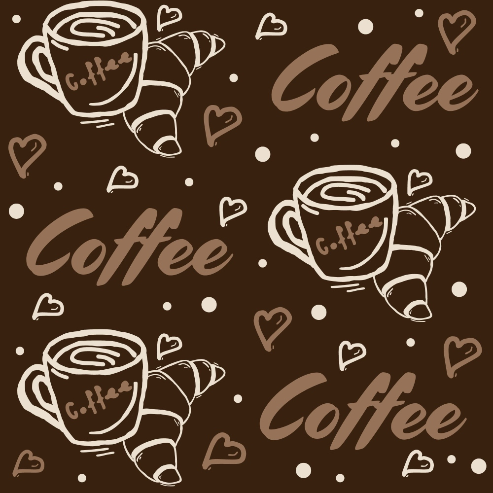 coffee brown, cream white, hand drawn, coffee cups, croissants, heart shapes, polka dots, coffee theme,, fabric panel, whimsical style, cafe motif, breakfast pattern, brown background, sketchy illustration, repeating design, beverage graphics, pastry design, cozy mood, kitchen theme