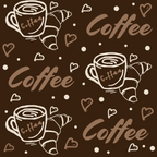 coffee brown, cream white, hand drawn, coffee cups, croissants, heart shapes, polka dots, coffee theme,, fabric panel, whimsical style, cafe motif, breakfast pattern, brown background, sketchy illustration, repeating design, beverage graphics, pastry design, cozy mood, kitchen theme
