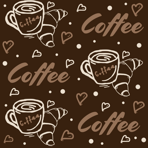 coffee brown, cream white, hand drawn, coffee cups, croissants, heart shapes, polka dots, coffee theme,, fabric panel, whimsical style, cafe motif, breakfast pattern, brown background, sketchy illustration, repeating design, beverage graphics, pastry design, cozy mood, kitchen theme
