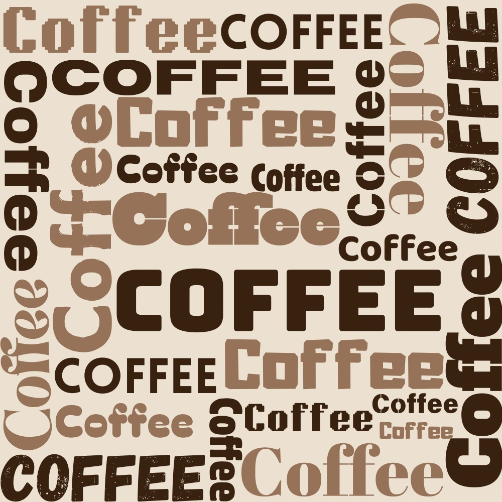 brown, coffee, beige, tan, cream, text pattern, word art, repeating design, coffee theme, beverage motif, handdrawn style,, fabric panel, casual aesthetic, kitchen theme, cafe inspired, modern design, geometric text, coffee beans, warm tones