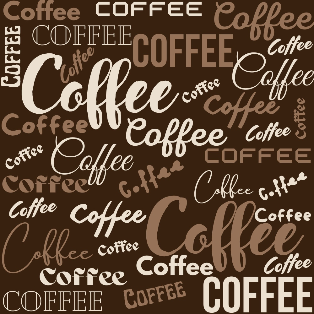 brown, coffee, beige, cream, tan, handdrawn, text pattern, lettering, coffee theme,, fabric panel, beverage motif, word art, script fonts, coffee shop, casual style, repetitive design, monochromatic, earthy tones, coffee culture