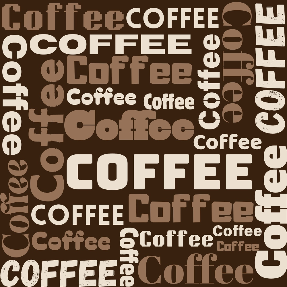 brown, coffee beans, text pattern, word collage, beverage theme, earth tones, cream, tan, mocha, chocolate brown, coffee shop, repetitive text, modern design,, fabric panel, coffee lover, cafe motif, warm colors, geometric layout, coffee culture