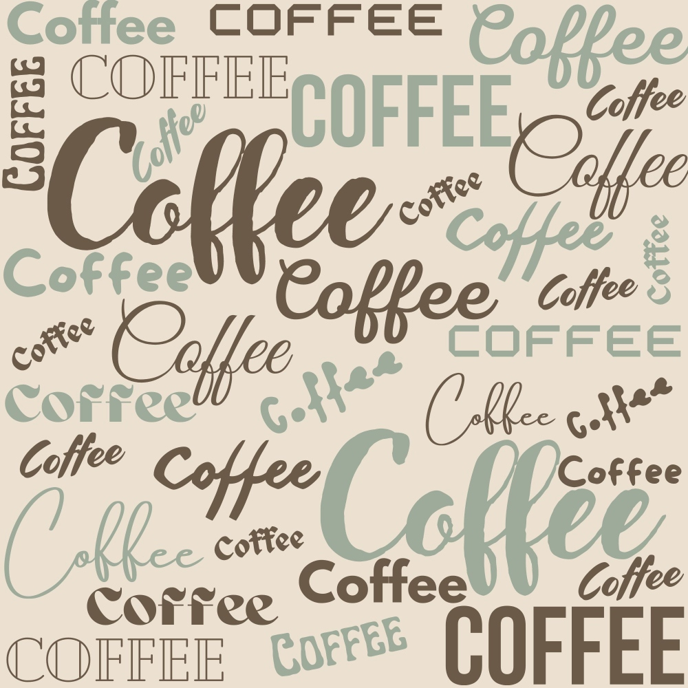 coffee pattern, handdrawn,, fabric panel, sage green, brown text, cream background, beverage theme, script lettering, various fonts, coffee words, repeated text, kitchen theme, café style, neutral colors, text design, coffee lover, muted tones, cotton fabric, quilting material