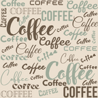 coffee pattern, handdrawn,, fabric panel, sage green, brown text, cream background, beverage theme, script lettering, various fonts, coffee words, repeated text, kitchen theme, café style, neutral colors, text design, coffee lover, muted tones, cotton fabric, quilting material
