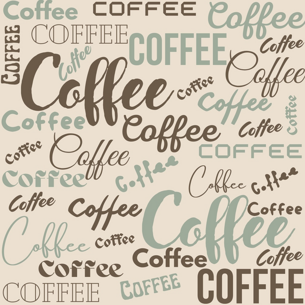 coffee pattern, handdrawn,, fabric panel, sage green, brown text, cream background, beverage theme, script lettering, various fonts, coffee words, repeated text, kitchen theme, café style, neutral colors, text design, coffee lover, muted tones, cotton fabric, quilting material