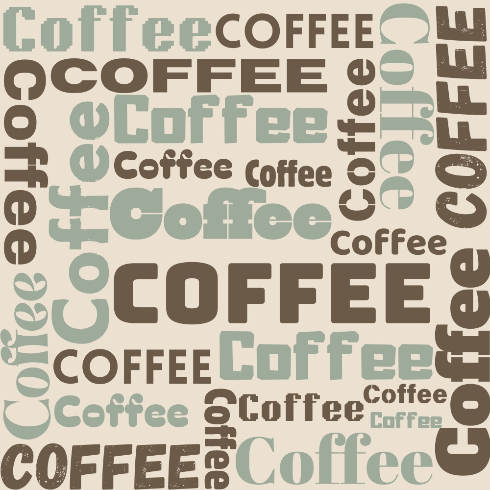 coffee pattern, beige background, sage green, brown text, repetitive design, word art, beverage theme,, fabric panel, modern style, café motif, varied fonts, geometric circles, coffee beans, neutral tones, contemporary design, kitchen theme, textured appearance