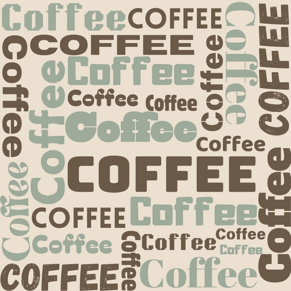 coffee pattern, beige background, sage green, brown text, repetitive design, word art, beverage theme,, fabric panel, modern style, café motif, varied fonts, geometric circles, coffee beans, neutral tones, contemporary design, kitchen theme, textured appearance