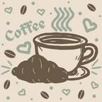coffee cup, coffee beans, hearts, steam lines, sage green, brown, beige, cream, hand drawn, sketched style,, fabric panel, coffee theme, beverage motif, kitchen design, cozy vibes, morning brew, casual illustration, geometric hearts, playful pattern
