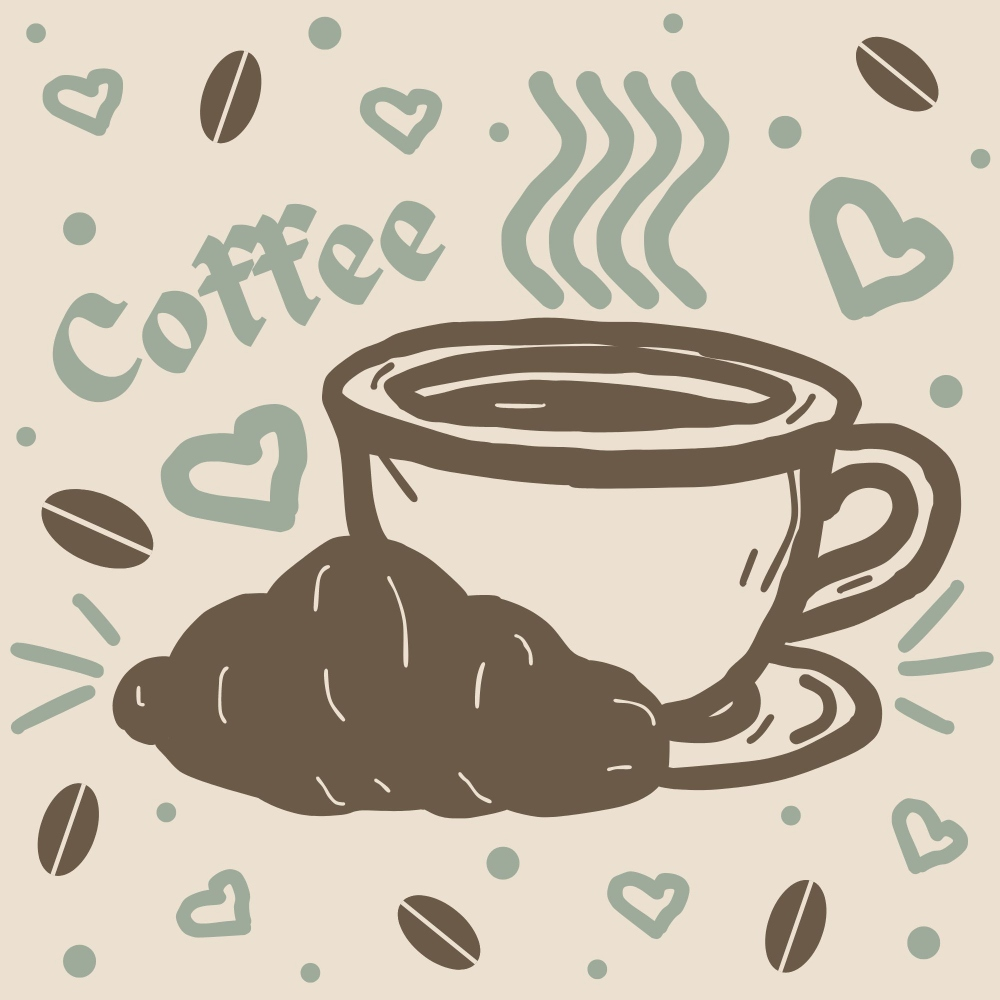 coffee cup, coffee beans, hearts, steam lines, sage green, brown, beige, cream, hand drawn, sketched style,, fabric panel, coffee theme, beverage motif, kitchen design, cozy vibes, morning brew, casual illustration, geometric hearts, playful pattern