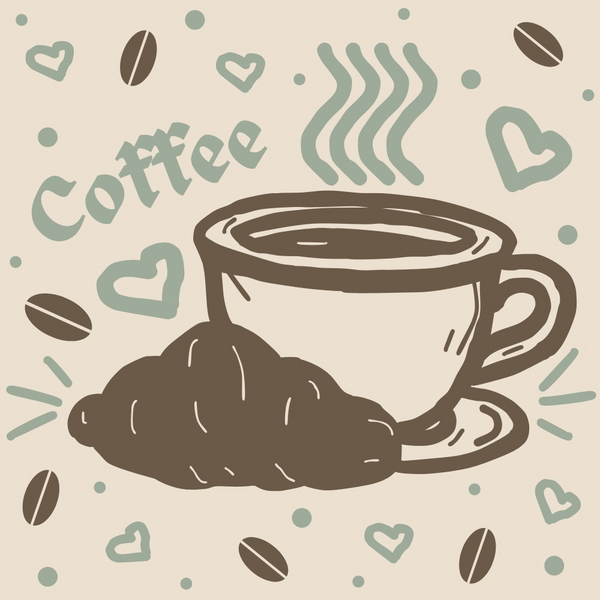 coffee cup, coffee beans, hearts, steam lines, sage green, brown, beige, cream, hand drawn, sketched style,, fabric panel, coffee theme, beverage motif, kitchen design, cozy vibes, morning brew, casual illustration, geometric hearts, playful pattern