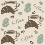 coffee cups, croissants, coffee beans, sage green, brown, beige, cream, hand drawn, hearts, sketched style, breakfast theme, bakery motifs,, fabric panel, casual illustration, morning vibes, café pattern, pastry design, warm tones, cozy aesthetic