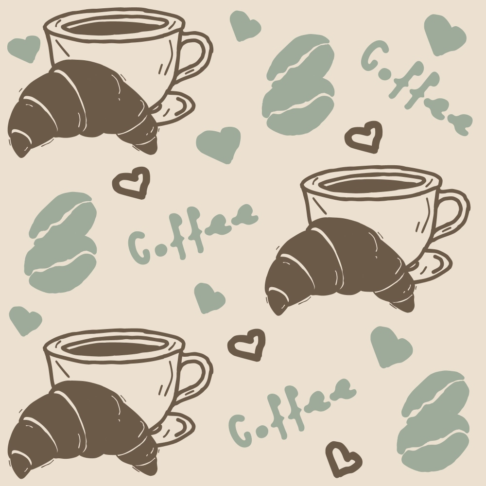 coffee cups, croissants, coffee beans, sage green, brown, beige, cream, hand drawn, hearts, sketched style, breakfast theme, bakery motifs,, fabric panel, casual illustration, morning vibes, café pattern, pastry design, warm tones, cozy aesthetic