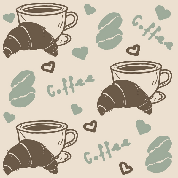 coffee cups, croissants, coffee beans, sage green, brown, beige, cream, hand drawn, hearts, sketched style, breakfast theme, bakery motifs,, fabric panel, casual illustration, morning vibes, café pattern, pastry design, warm tones, cozy aesthetic