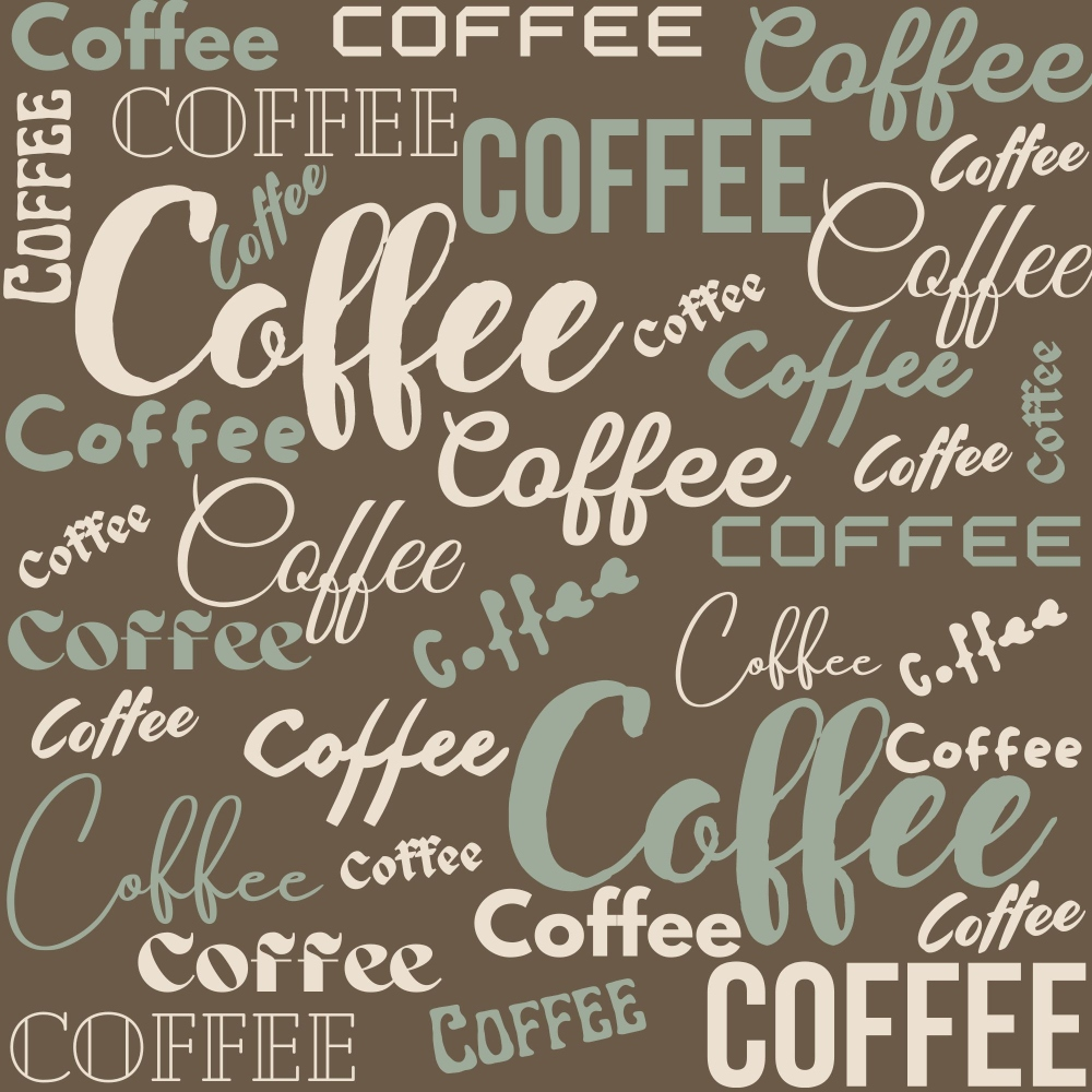 brown background, sage green, cream text, coffee themed, hand lettered, script fonts, beverage pattern, cafe motif,, fabric panel, coffee beans, warm tones, handdrawn style, coffee shop, text pattern, neutral colors, modern design, coffee lover, repetitive text, casual aesthetic