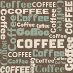 coffee themed, brown background, cream text, sage green, muted pastels, word pattern, repeated text, coffee beans, beverage motif,, fabric panel, handdrawn style, earth tones, kitchen theme, café inspired, neutral palette, crafting fabric, modern design, coffee lover