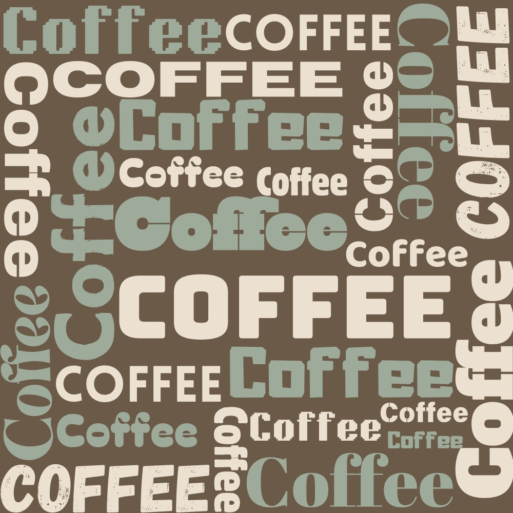 coffee themed, brown background, cream text, sage green, muted pastels, word pattern, repeated text, coffee beans, beverage motif,, fabric panel, handdrawn style, earth tones, kitchen theme, café inspired, neutral palette, crafting fabric, modern design, coffee lover