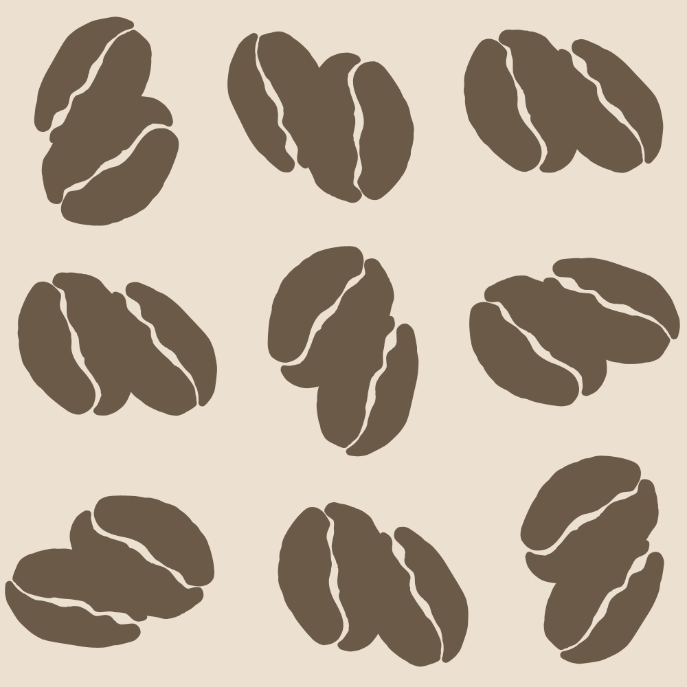 brown coffee beans, beige background, hand drawn illustration, coffee pattern,, fabric panel, organic shapes, roasted beans, coffee theme, earthy tones, botanical style, kitchen motif, café inspired, natural brown, cream colored, scattered design, coffee lover, artistic rendering, repeating pattern