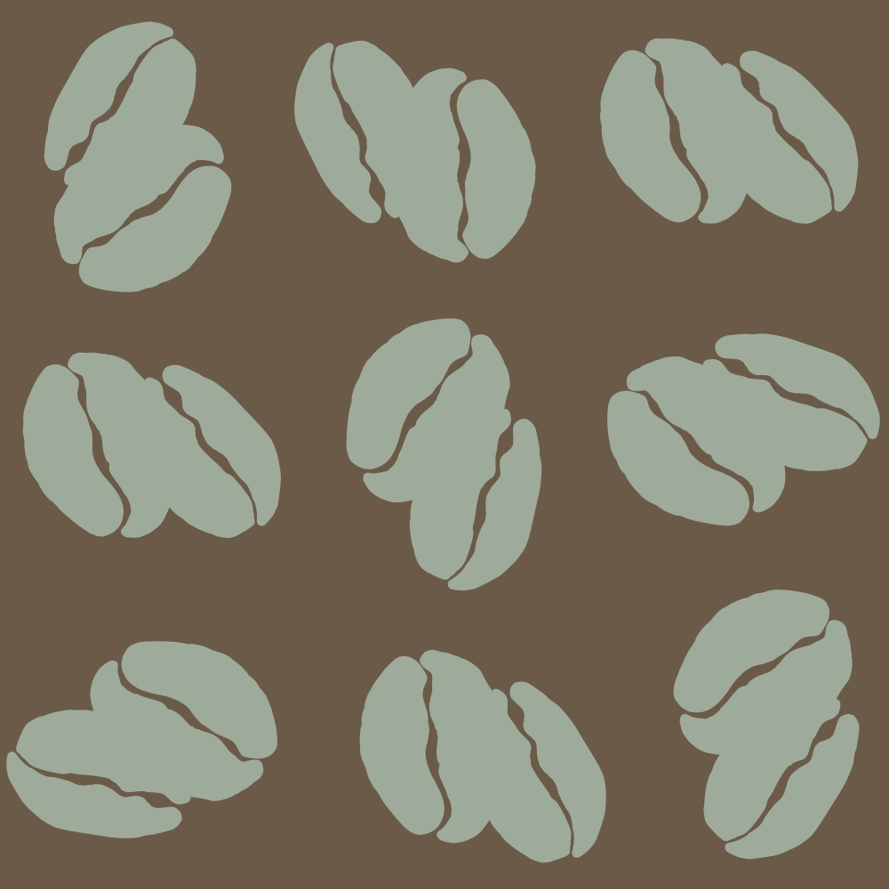 coffee beans, handdrawn, sage green, brown background, minimalist pattern, coffee themed,, fabric panel, modern illustration, beverage motif, kitchen theme, cafe style, neutral colors, simple design, coffee lover, scattered beans, organic shapes, contemporary art, muted tones