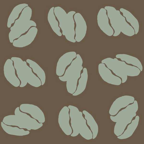 coffee beans, handdrawn, sage green, brown background, minimalist pattern, coffee themed,, fabric panel, modern illustration, beverage motif, kitchen theme, cafe style, neutral colors, simple design, coffee lover, scattered beans, organic shapes, contemporary art, muted tones