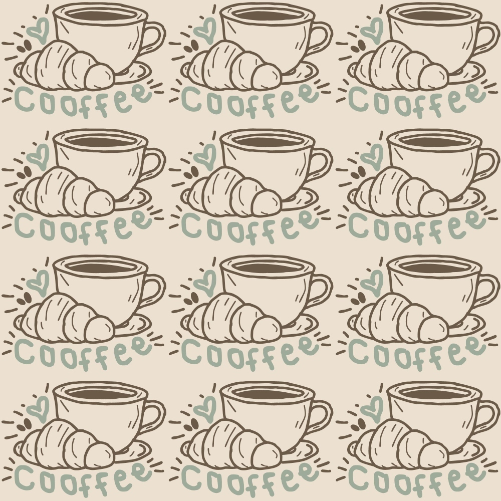 beige, sage green, brown, coffee cups, croissants, hand drawn, sketched style, repeating pattern, breakfast theme, café motif,, fabric panel, neutral tones, morning vibes, bakery items, beverage illustration, cozy aesthetic, food pattern, coffee beans, pastry design