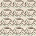 beige, sage green, brown, coffee cups, croissants, hand drawn, sketched style, repeating pattern, breakfast theme, café motif,, fabric panel, neutral tones, morning vibes, bakery items, beverage illustration, cozy aesthetic, food pattern, coffee beans, pastry design