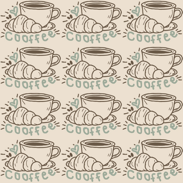 beige, sage green, brown, coffee cups, croissants, hand drawn, sketched style, repeating pattern, breakfast theme, café motif,, fabric panel, neutral tones, morning vibes, bakery items, beverage illustration, cozy aesthetic, food pattern, coffee beans, pastry design