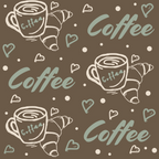 brown, sage green, cream, beige, coffee cups, croissants, heart shapes, hand drawn, whimsical, coffee theme, breakfast motif, repeating pattern,, fabric panel, casual style, food illustration, beverage design, morning theme, scattered dots, playful mood