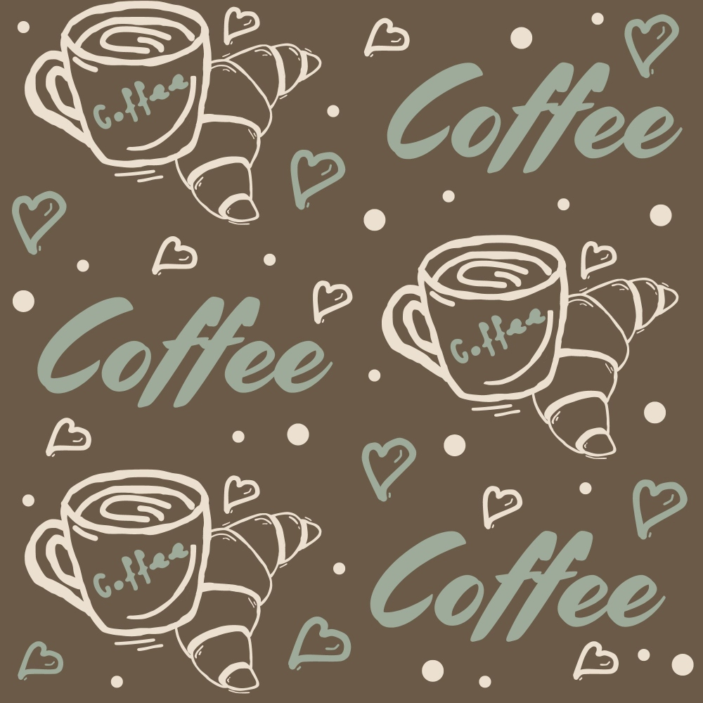 brown, sage green, cream, beige, coffee cups, croissants, heart shapes, hand drawn, whimsical, coffee theme, breakfast motif, repeating pattern,, fabric panel, casual style, food illustration, beverage design, morning theme, scattered dots, playful mood