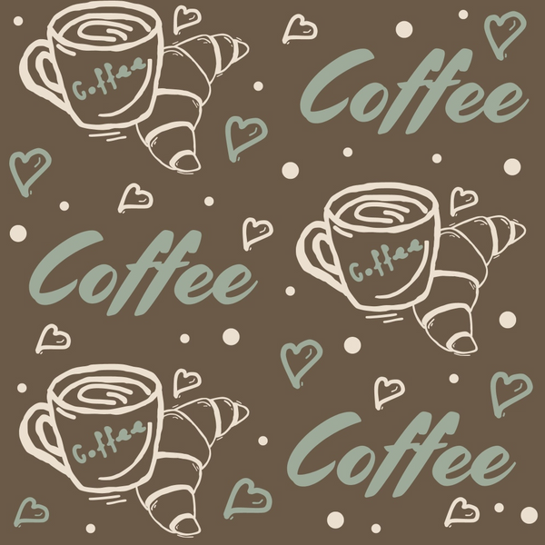 brown, sage green, cream, beige, coffee cups, croissants, heart shapes, hand drawn, whimsical, coffee theme, breakfast motif, repeating pattern,, fabric panel, casual style, food illustration, beverage design, morning theme, scattered dots, playful mood