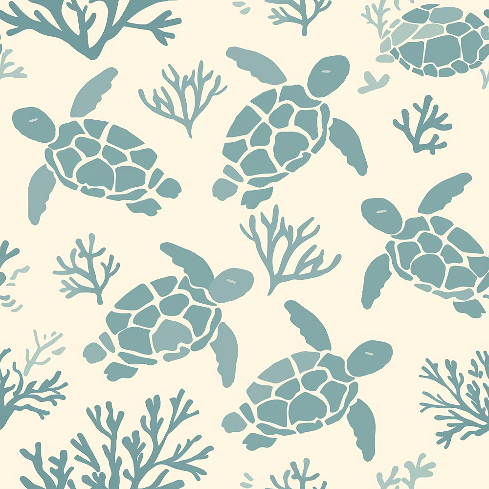 sea turtles, coral branches, sage green, cream background, hand drawn, marine life, ocean theme,, fabric panel, underwater scene, nautical design, sea creatures, organic shapes, coastal pattern, aquatic motifs, turtle shells, seaweed, beach theme, nature inspired, swimming turtles