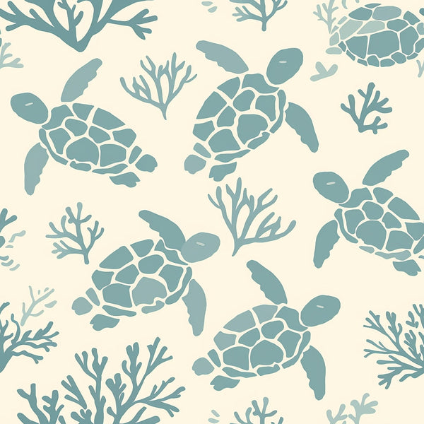 sea turtles, coral branches, sage green, cream background, hand drawn, marine life, ocean theme,, fabric panel, underwater scene, nautical design, sea creatures, organic shapes, coastal pattern, aquatic motifs, turtle shells, seaweed, beach theme, nature inspired, swimming turtles