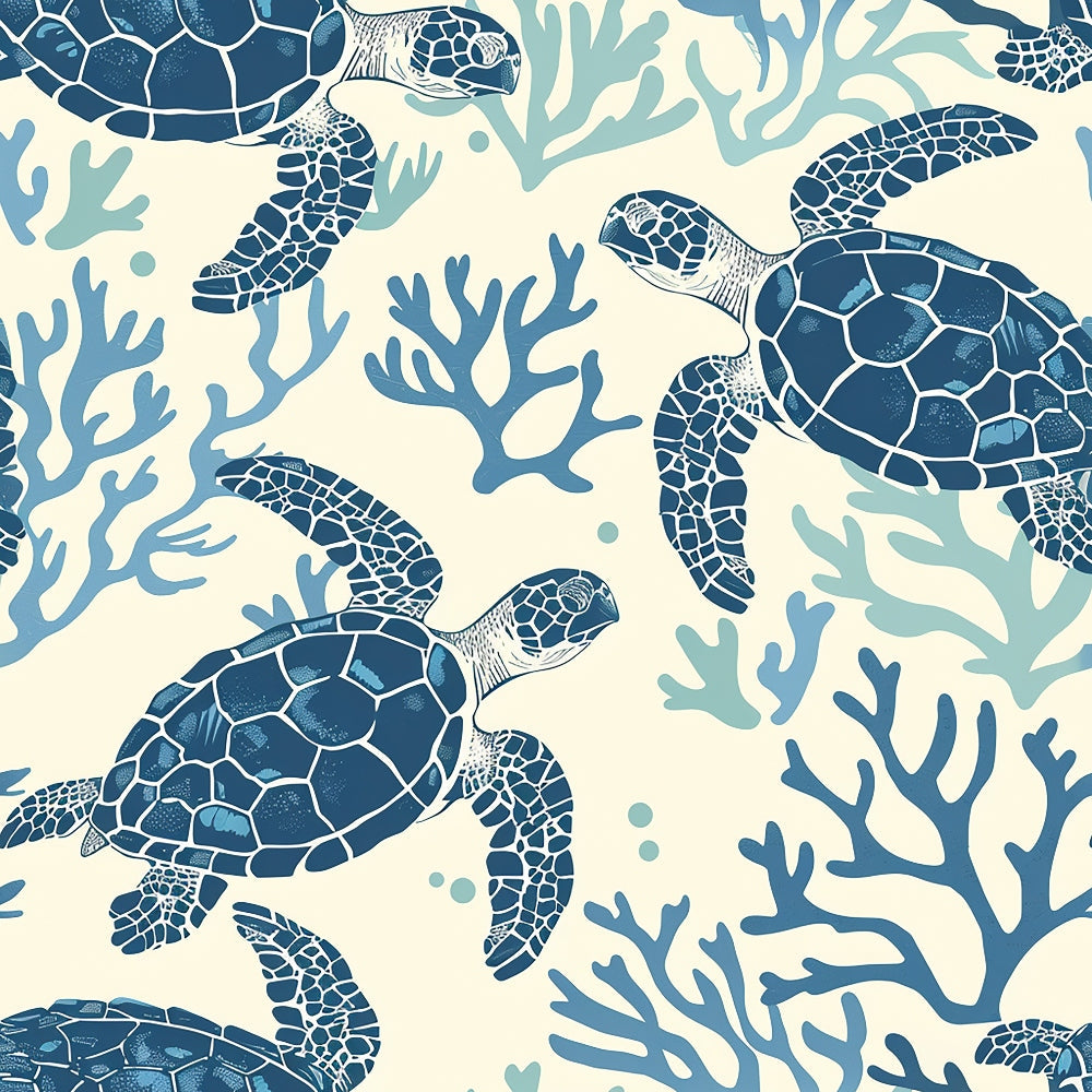 sea turtles, coral reef, ocean theme, marine life, navy blue, cream background, light blue, aqua, hand drawn, swimming turtles, underwater scene, coral branches, nautical pattern, coastal design,, fabric panel, beach theme, tropical waters, seamless repeat, nature motif