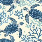 sea turtles, coral reef, ocean theme, marine life, navy blue, cream background, light blue, aqua, hand drawn, swimming turtles, underwater scene, coral branches, nautical pattern, coastal design,, fabric panel, beach theme, tropical waters, seamless repeat, nature motif