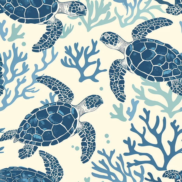 sea turtles, coral reef, ocean theme, marine life, navy blue, cream background, light blue, aqua, hand drawn, swimming turtles, underwater scene, coral branches, nautical pattern, coastal design,, fabric panel, beach theme, tropical waters, seamless repeat, nature motif