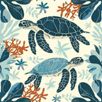 sea turtles, marine life, ocean theme, coral reef, seaweed, aquatic plants, navy blue, teal, coral orange, cream background, hand drawn, illustrated style, underwater scene, swimming turtles, tropical, coastal,, fabric panel, nature pattern, sea creatures