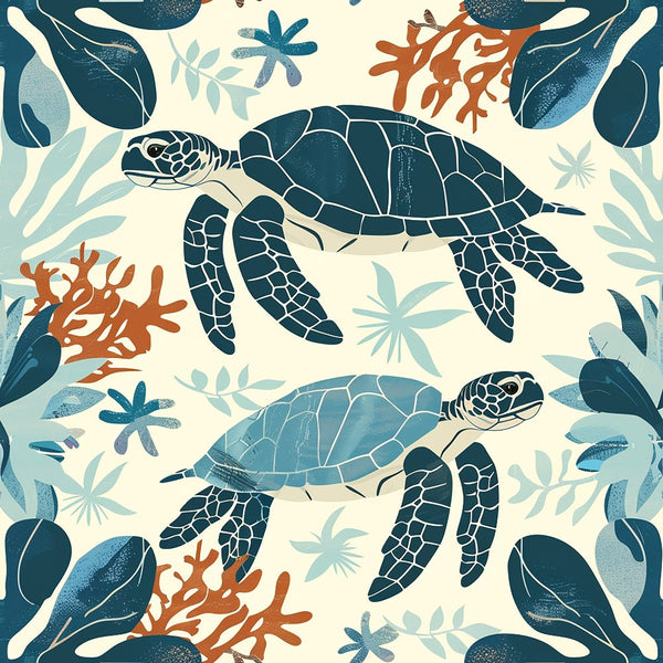 sea turtles, marine life, ocean theme, coral reef, seaweed, aquatic plants, navy blue, teal, coral orange, cream background, hand drawn, illustrated style, underwater scene, swimming turtles, tropical, coastal,, fabric panel, nature pattern, sea creatures