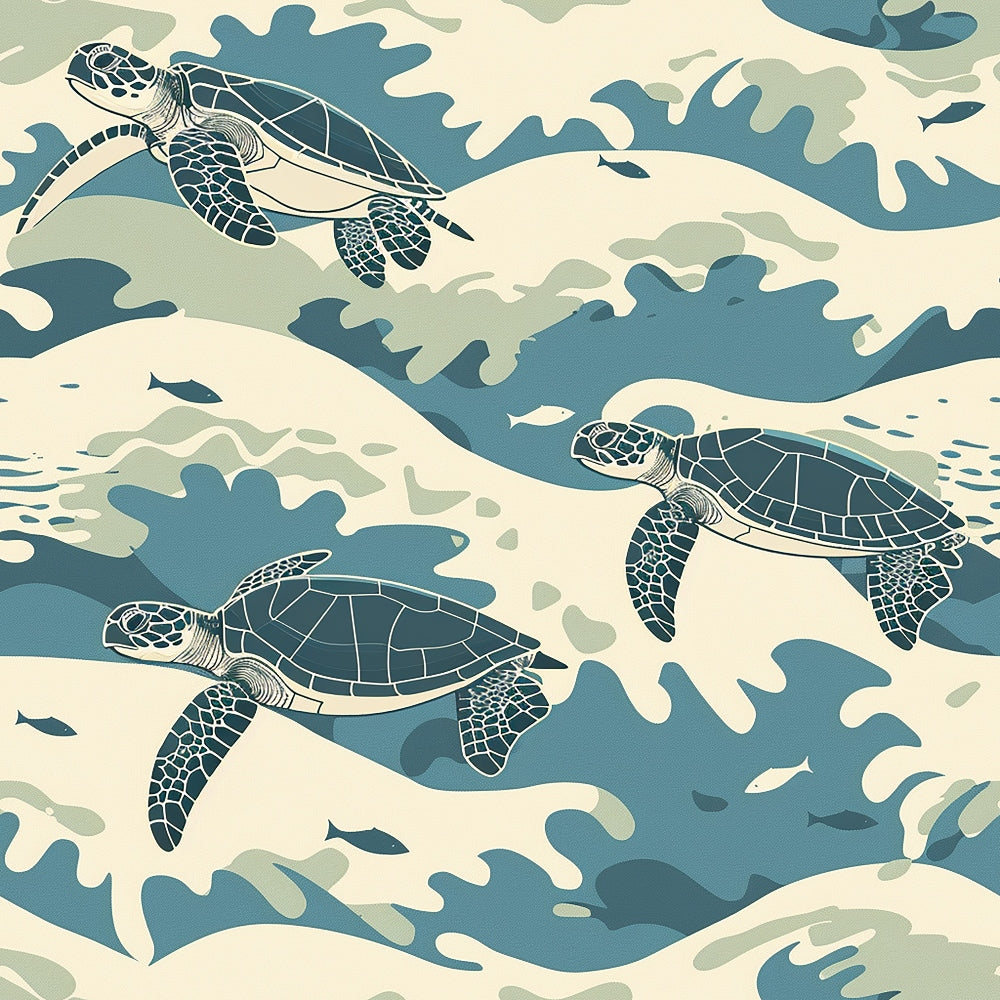 sea turtles, ocean waves, teal blue, sage green, cream white, hand drawn, marine life, swimming turtles, flowing water,, fabric panel, aquatic pattern, nautical theme, underwater scene, organic shapes, sea creatures, coastal design, turtle shells, wave motion, ocean current