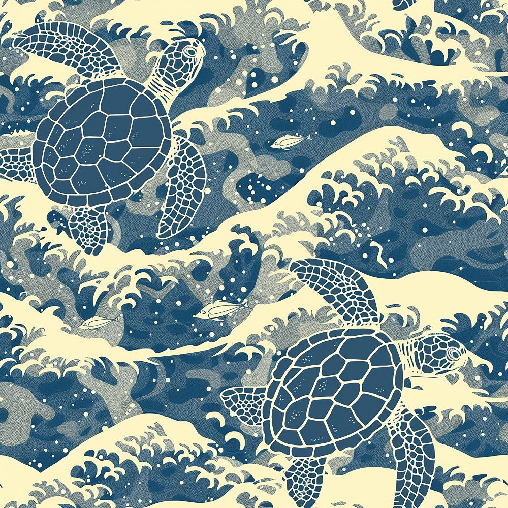 sea turtles, ocean waves, navy blue, cream, beige, japanese style, swimming turtles, wave pattern, marine life, aquatic theme,, fabric panel, handdrawn illustration, underwater scene, flowing water, reptiles, sea creatures, nautical design, ocean motif, stylized waves