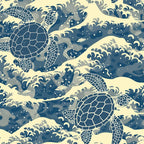 sea turtles, ocean waves, navy blue, cream, beige, japanese style, swimming turtles, wave pattern, marine life, aquatic theme,, fabric panel, handdrawn illustration, underwater scene, flowing water, reptiles, sea creatures, nautical design, ocean motif, stylized waves