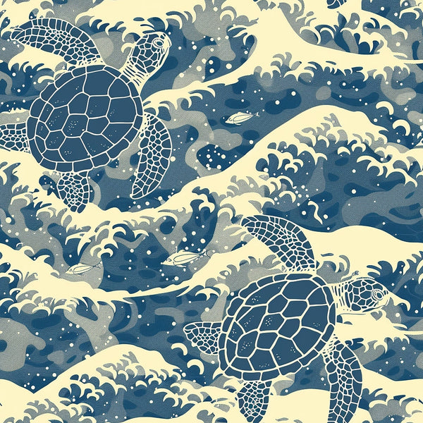 sea turtles, ocean waves, navy blue, cream, beige, japanese style, swimming turtles, wave pattern, marine life, aquatic theme,, fabric panel, handdrawn illustration, underwater scene, flowing water, reptiles, sea creatures, nautical design, ocean motif, stylized waves
