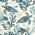 sea turtles, marine life, coral reef, seaweed, ocean plants, underwater scene, hand-drawn illustration, blue tones, teal, sage green, cream background, nautical theme, aquatic animals, swimming turtles, coral branches, sea flora,, fabric panel, coastal design, ocean motif